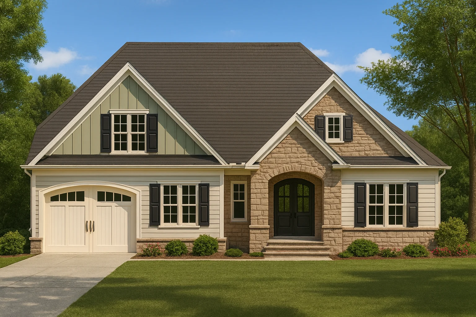 Front elevation of a New American modern traditional house featuring board and batten siding, stone accents, gabled rooflines, and an inviting arched entry