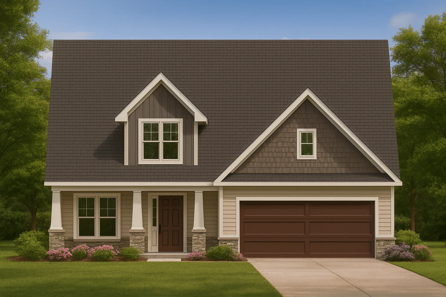 Front elevation of a Cape Cod style home featuring shingle siding, horizontal lap siding, stone accents, and an attached two-car garage
