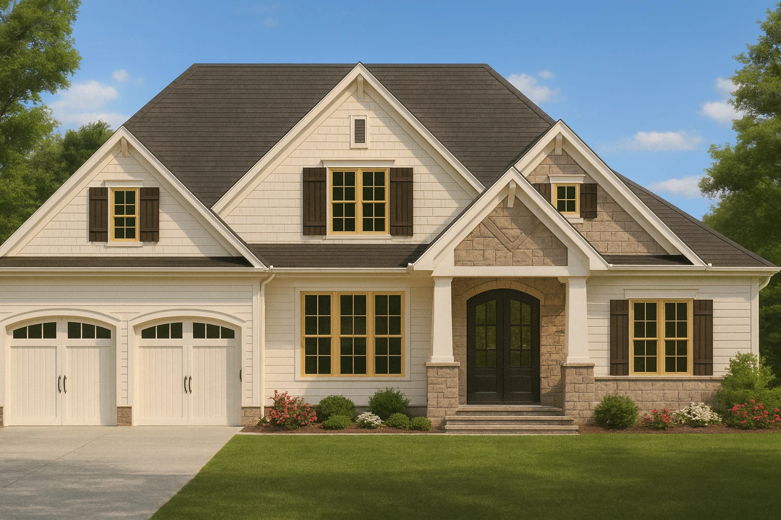 Front elevation of New American shingle style house with stone entry, lap siding, double garage, and Craftsman-inspired rooflines