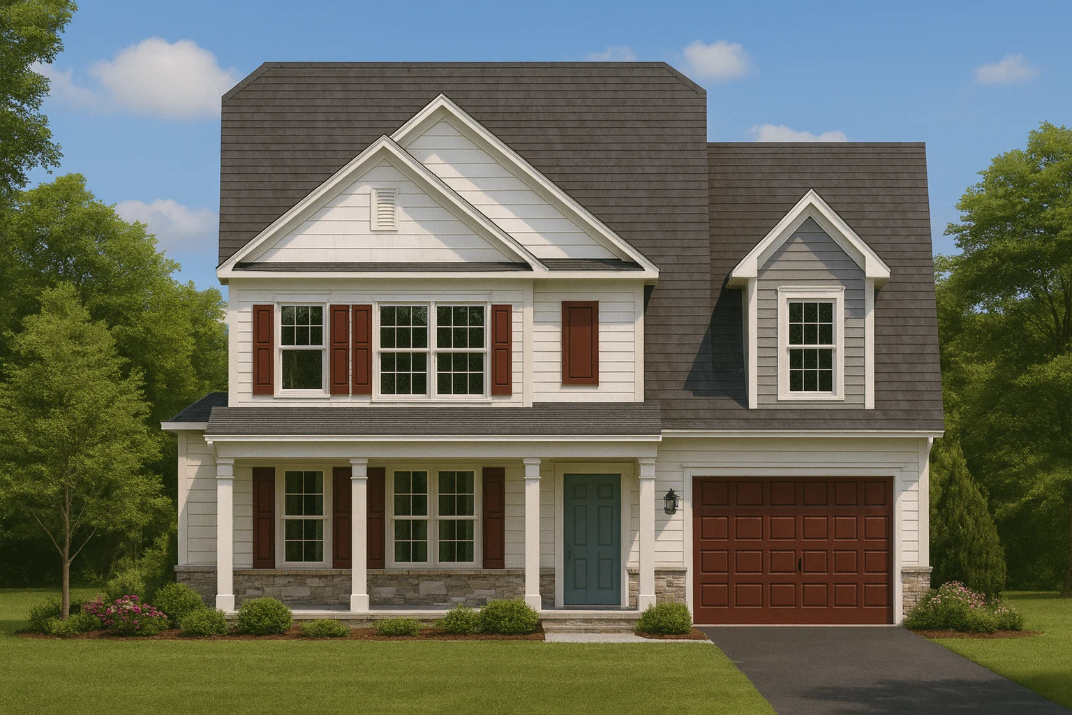 Front elevation of a Traditional Colonial style home with horizontal lap siding, stone accents, symmetrical windows, and covered front porch