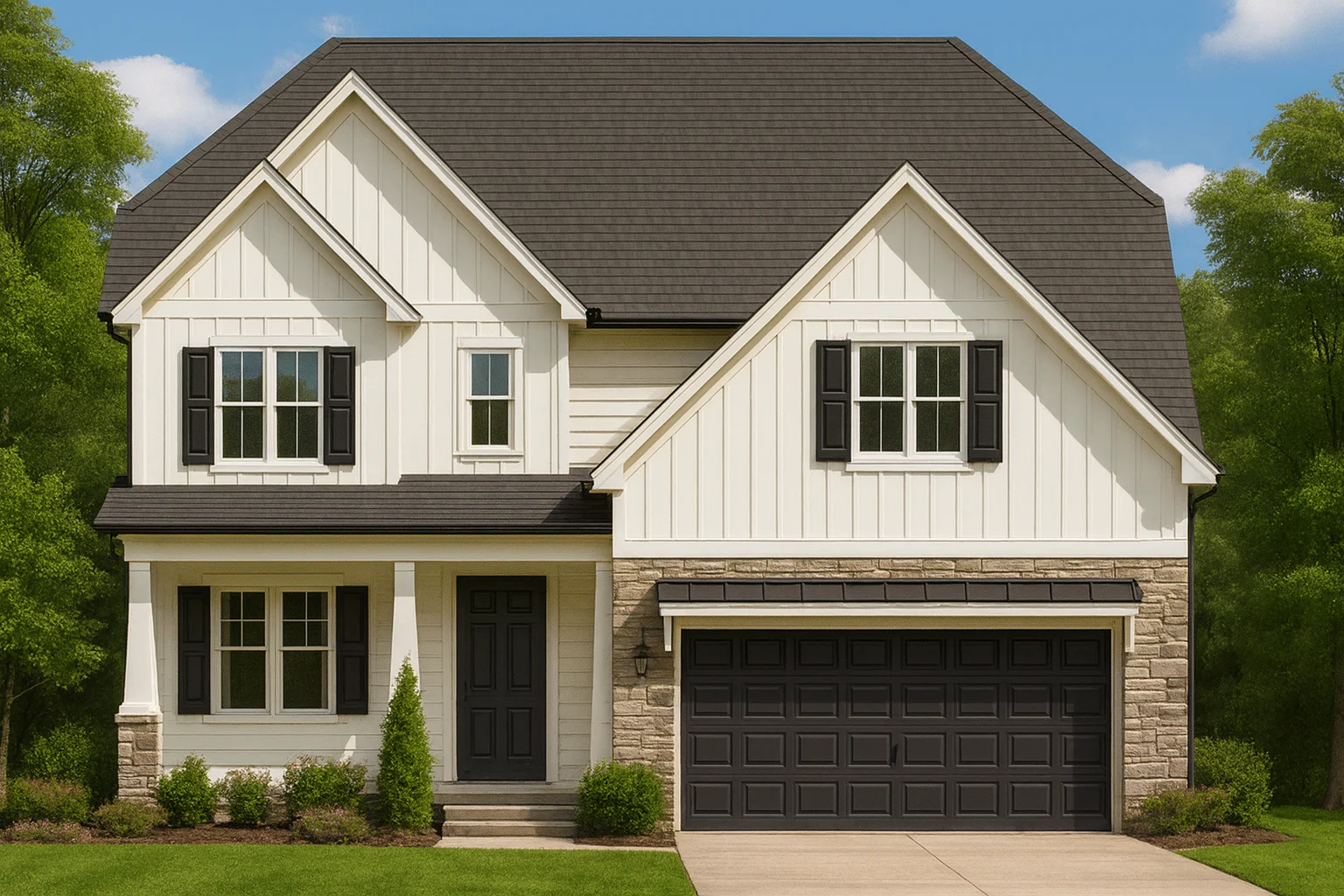 Modern Craftsman House Plans 27 Front elevation of a Modern Farmhouse New American style home with board and batten siding, stone accents, black shutters, and front-entry garage