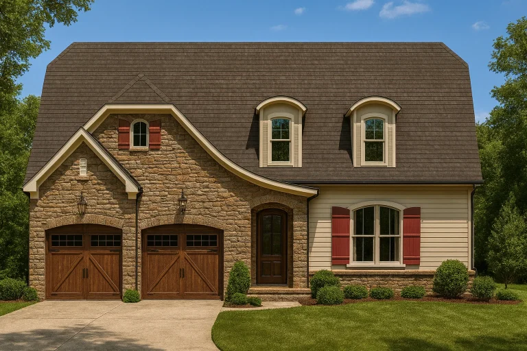 Front elevation of a French Country European style home with stone facade, lap siding, steep rooflines, and carriage-style garage doors