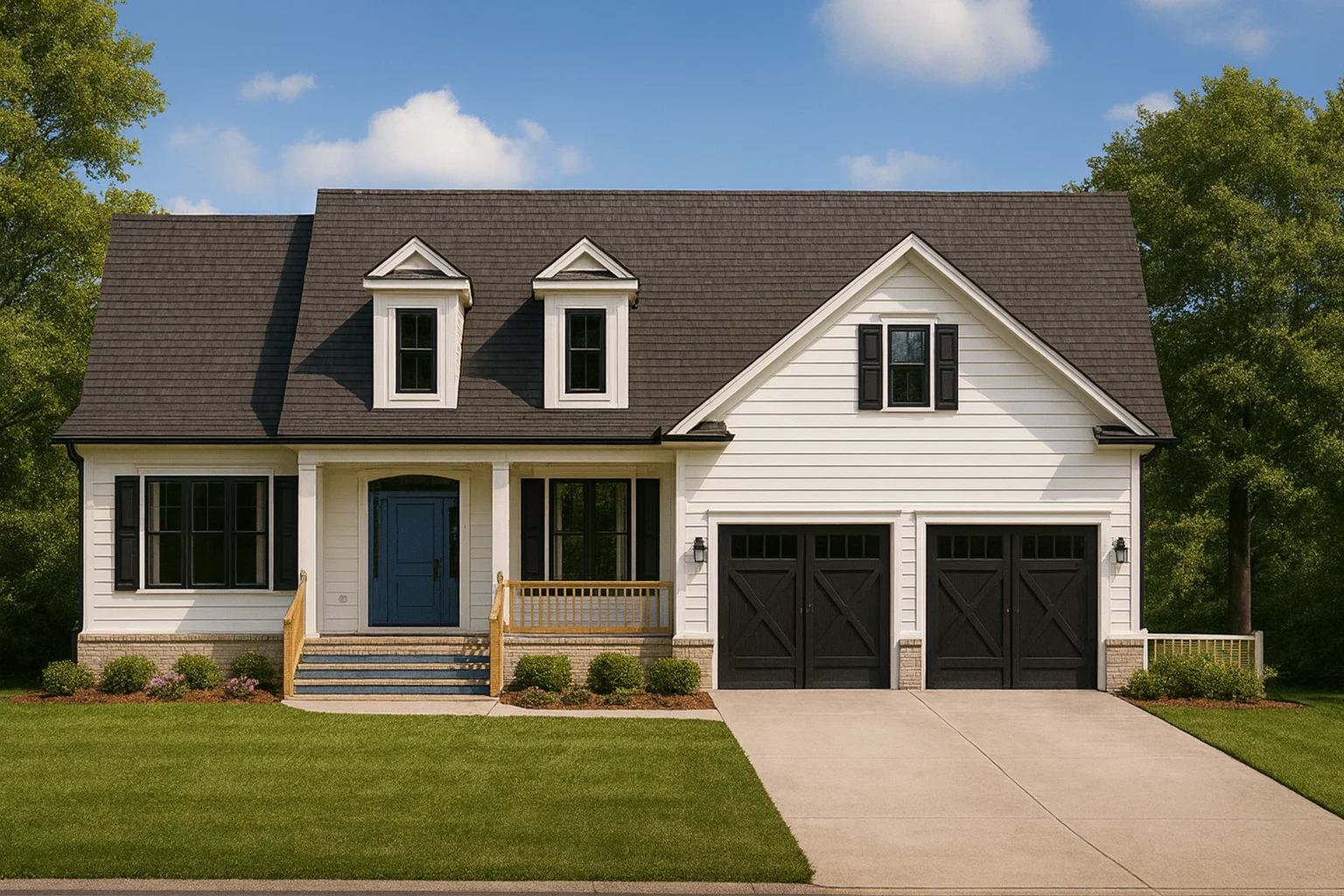 7 Bedroom House Plans 3 Front elevation of a modern farmhouse style home with horizontal siding, black garage doors, covered porch, and symmetrical rooflines