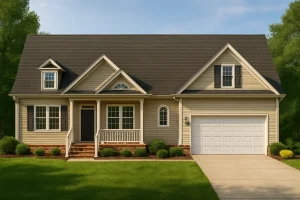 Front view of a Cape Cod Traditional Country Cottage style home with beige siding, black shutters, and a welcoming covered porch entry