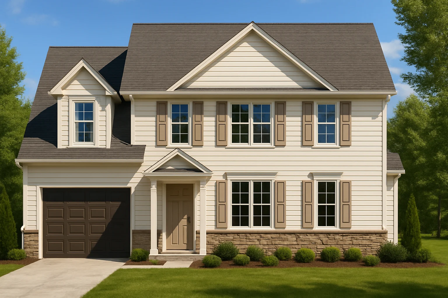 Front elevation of a Traditional Colonial style house with symmetrical windows, tan shutters, front porch entry, and attached single-car garage