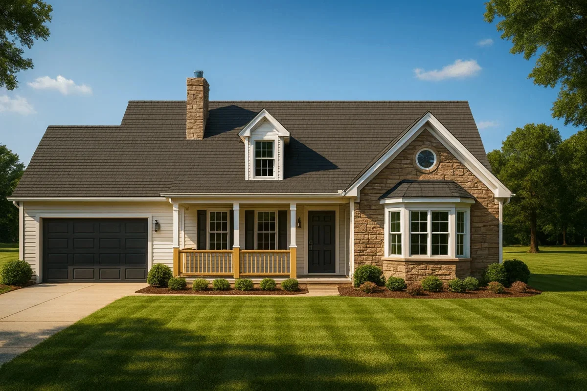 Front view of a Cape Cod and Traditional style house with dormer windows, covered porch, beige siding, and a two-car garage