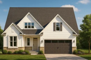 Front elevation of a Modern Farmhouse with white lap siding, steep gables, covered entry porch, and a two-car garage with carriage-style doors