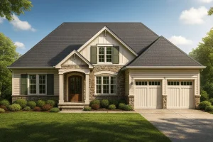 Front view of Craftsman Cottage style house featuring stone accents, board and batten siding, and a welcoming double-garage entry