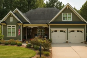Luxury House Plans 12 Front view of a Craftsman Ranch style home featuring green siding, white trim, brick accents, and a welcoming covered porch with a double garage