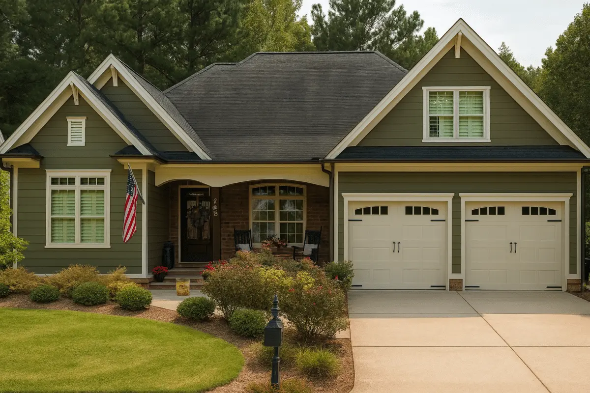Front view of a Craftsman Ranch style home featuring green siding, white trim, brick accents, and a welcoming covered porch with a double garage