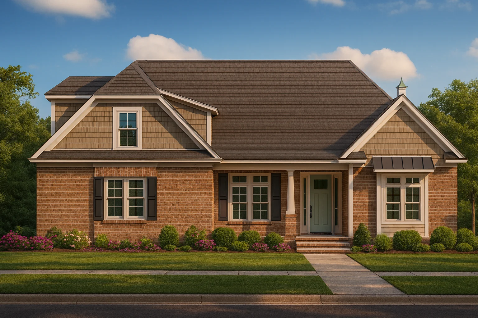 Front view of Craftsman Cottage style house with brick exterior, shake siding, and welcoming covered porch entry