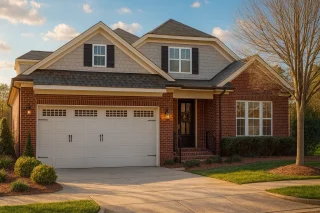 Traditional brick-and-shake home with front-entry 2-car garage, gabled dormers, and covered entry—Craftsman/Cottage accents