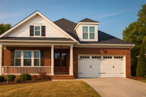 Luxury House Plans 3 Traditional ranch house front elevation with brick exterior, white trim, porch, dormer, and two-car garage at 4pm daylight—enhanced realism and depth