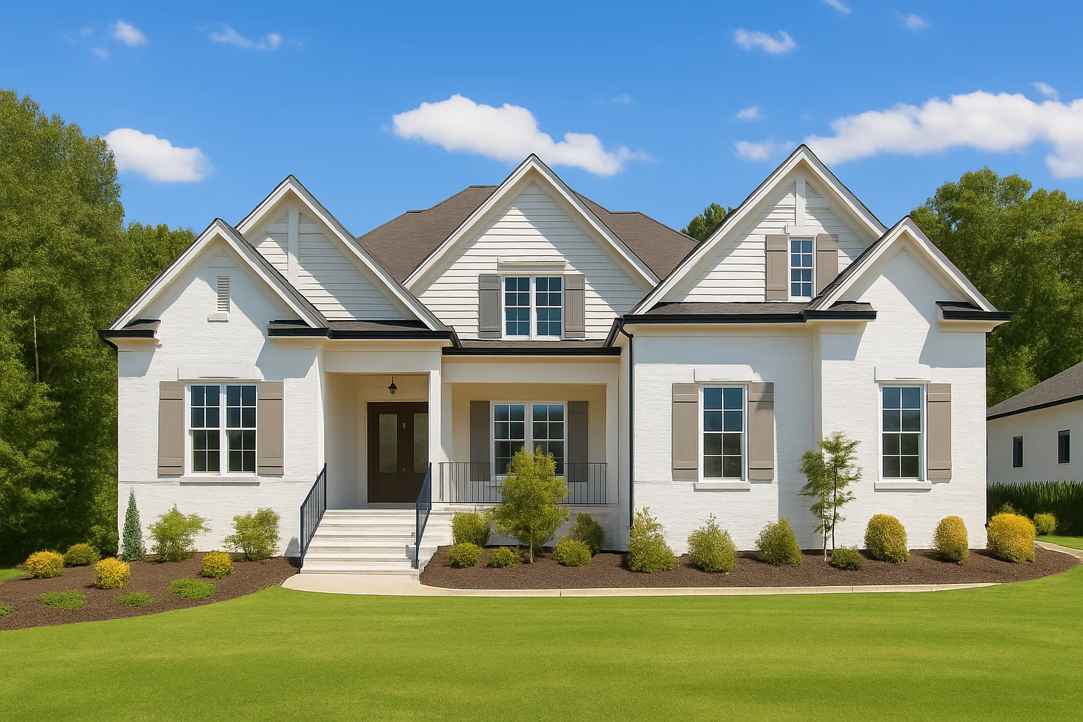Front elevation of a New American style home with classic traditional detailing, painted siding exterior, gabled rooflines, and a welcoming covered front porch