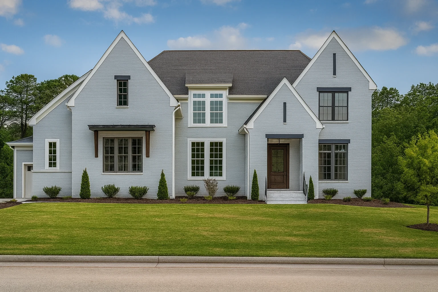 Craftsman House Plans 29 Front elevation of a New American modern traditional house with painted brick exterior, steep gables, symmetrical windows, and classic entry porch