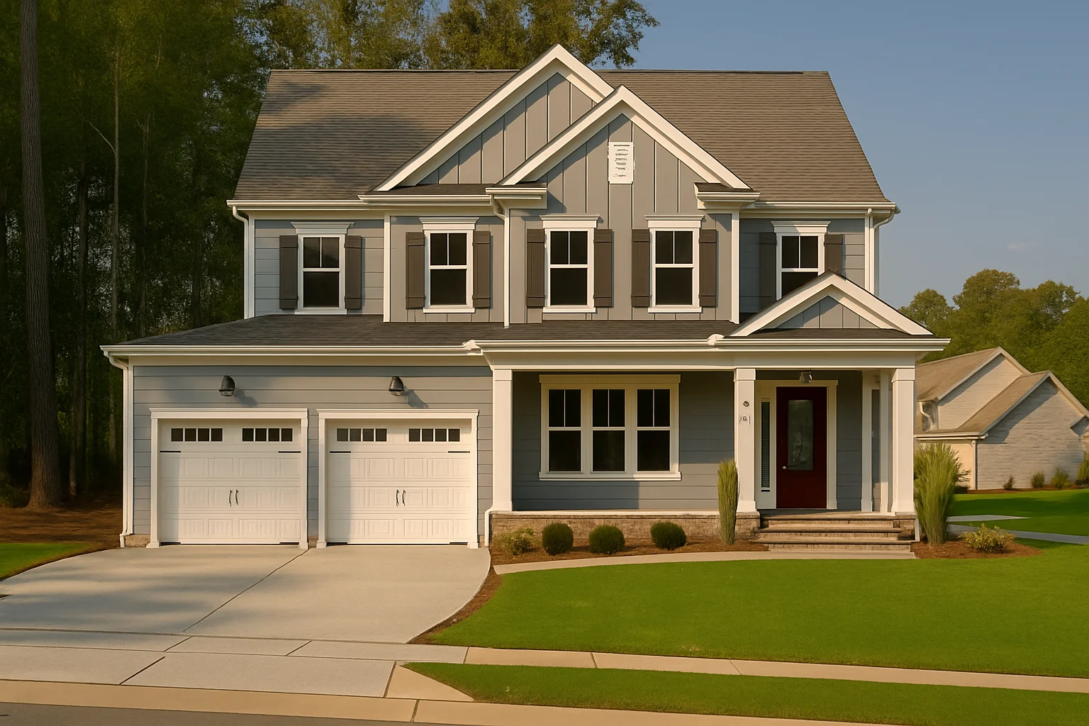 Bed and Bath Features 23 Front elevation of a New American style two-story house featuring board and batten siding, lap siding, symmetrical windows, and a covered front porch