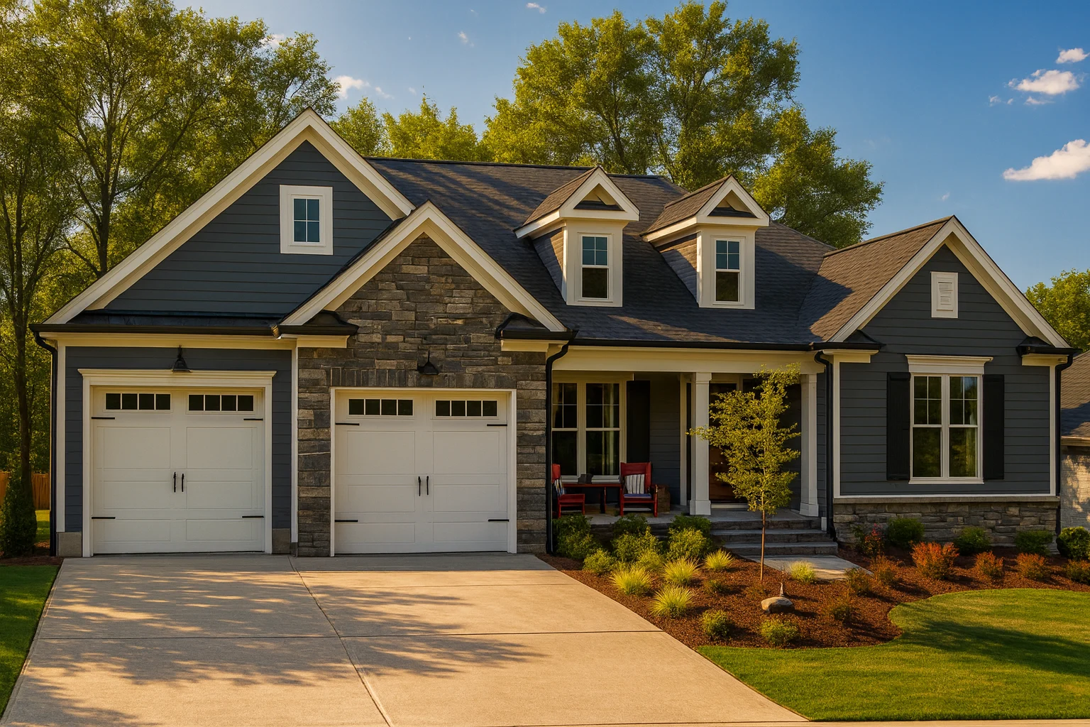 Front elevation of a New American Traditional style house with horizontal siding, stone accents, three-car garage, and covered front porch