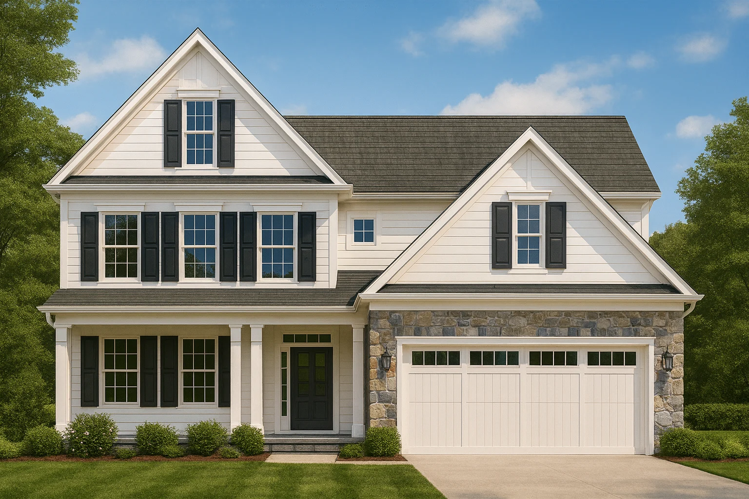 House Plans 27 Front elevation of a New American style two-story house with horizontal siding, stone garage accent, black shutters, and symmetrical curb appeal