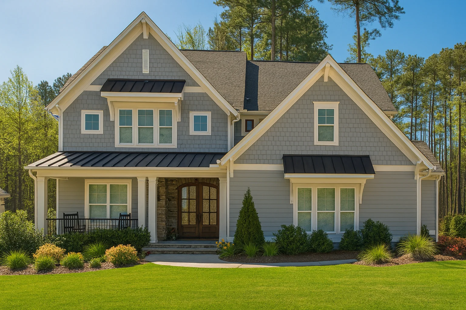 Front elevation of a New American Modern Traditional house featuring horizontal siding, board and batten accents, black metal porch roof, and symmetrical gabled architecture