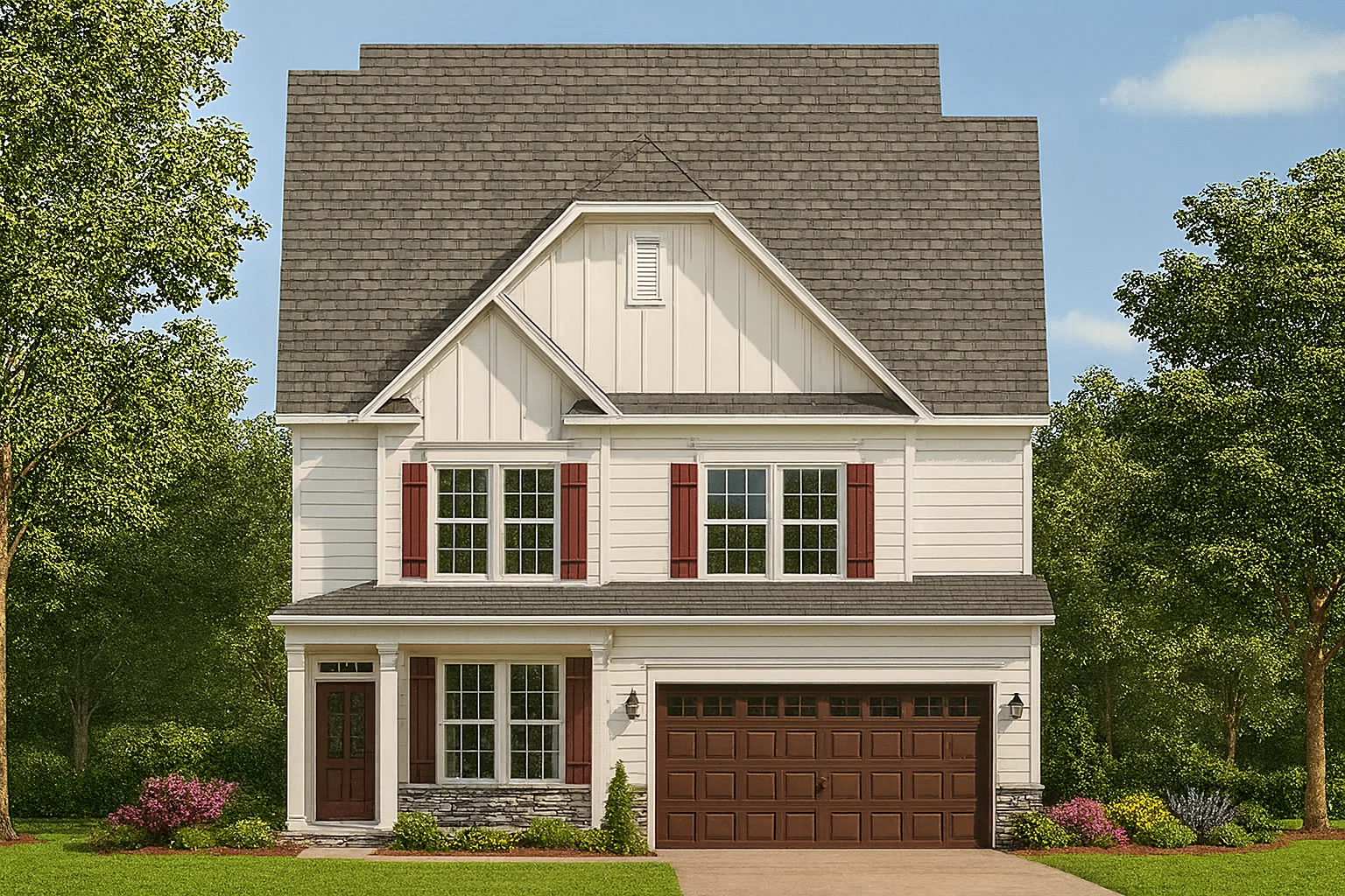 House Plans 15 Front elevation of a New American farmhouse style home with white siding, board and batten gable, stone porch accents, and a two-car garage