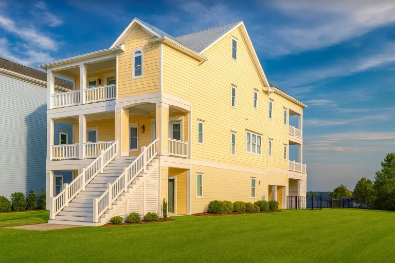 Front exterior view of an elevated Coastal Beach House with horizontal siding, covered porches, and Low Country architectural styling