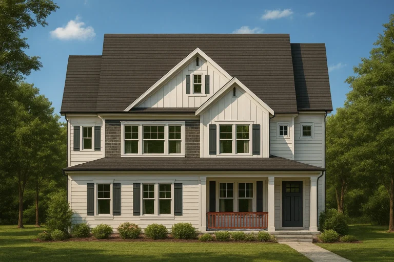 Front elevation of a Modern Farmhouse New American style home featuring board and batten siding, gabled rooflines, black shutters, and a covered front porch