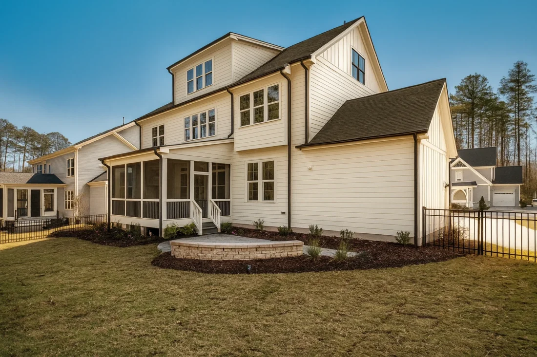 Modern Farmhouse home with white brick exterior, gable roof, and transitional architectural design