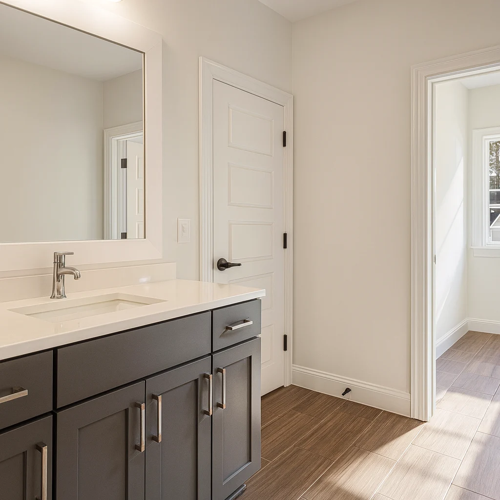Modern Farmhouse home with white brick exterior, gable roof, and transitional architectural design