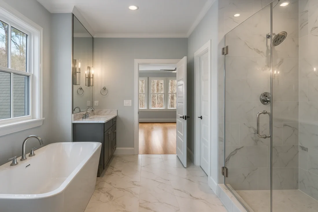 Modern Farmhouse home with white brick exterior, gable roof, and transitional architectural design