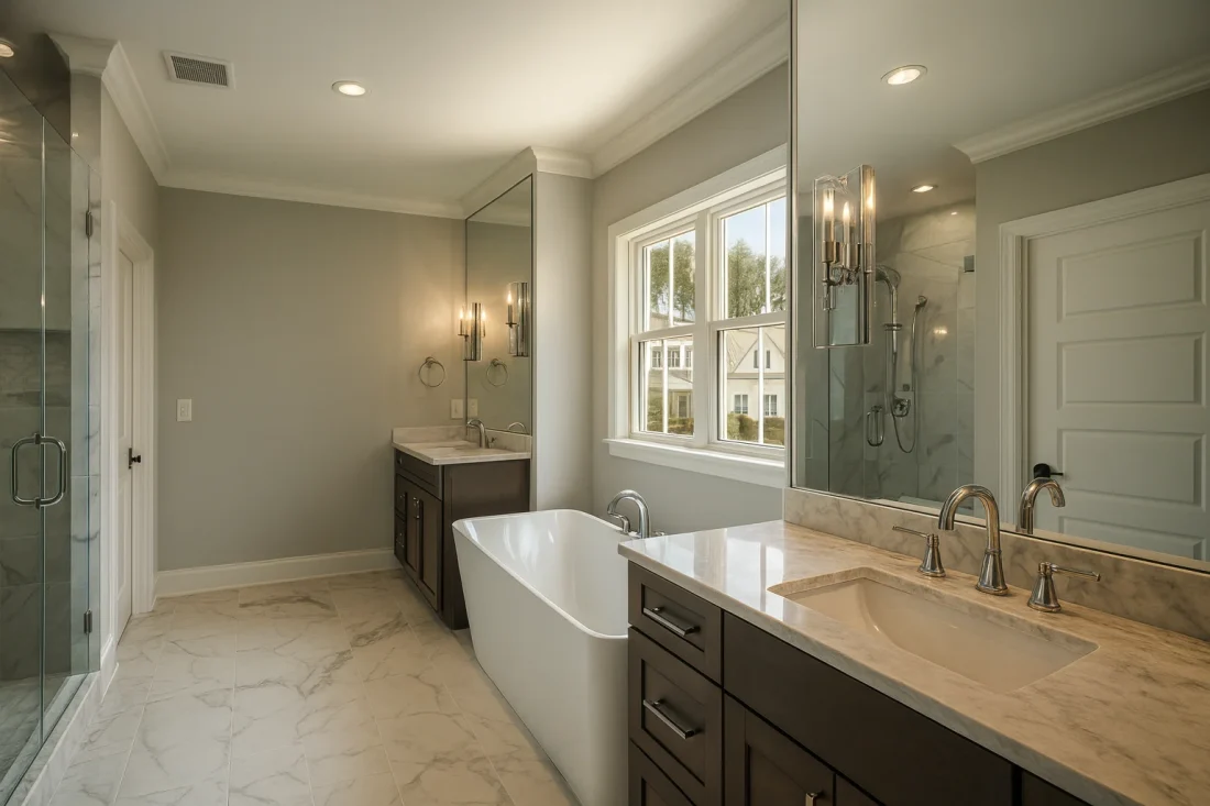 Modern Farmhouse home with white brick exterior, gable roof, and transitional architectural design