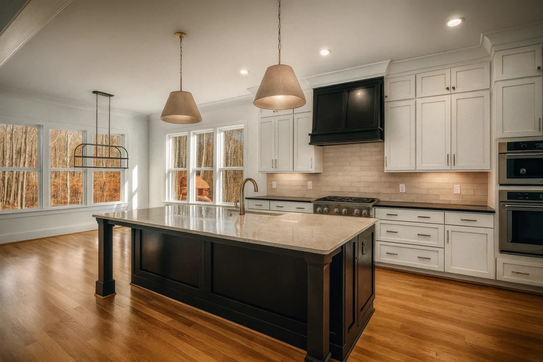 Modern Farmhouse home with white brick exterior, gable roof, and transitional architectural design