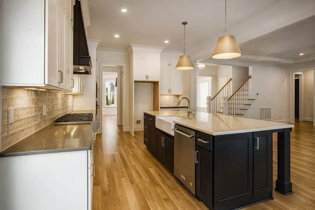 Modern Farmhouse home with white brick exterior, gable roof, and transitional architectural design
