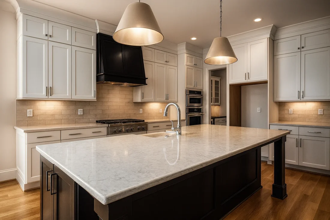 Modern Farmhouse home with white brick exterior, gable roof, and transitional architectural design