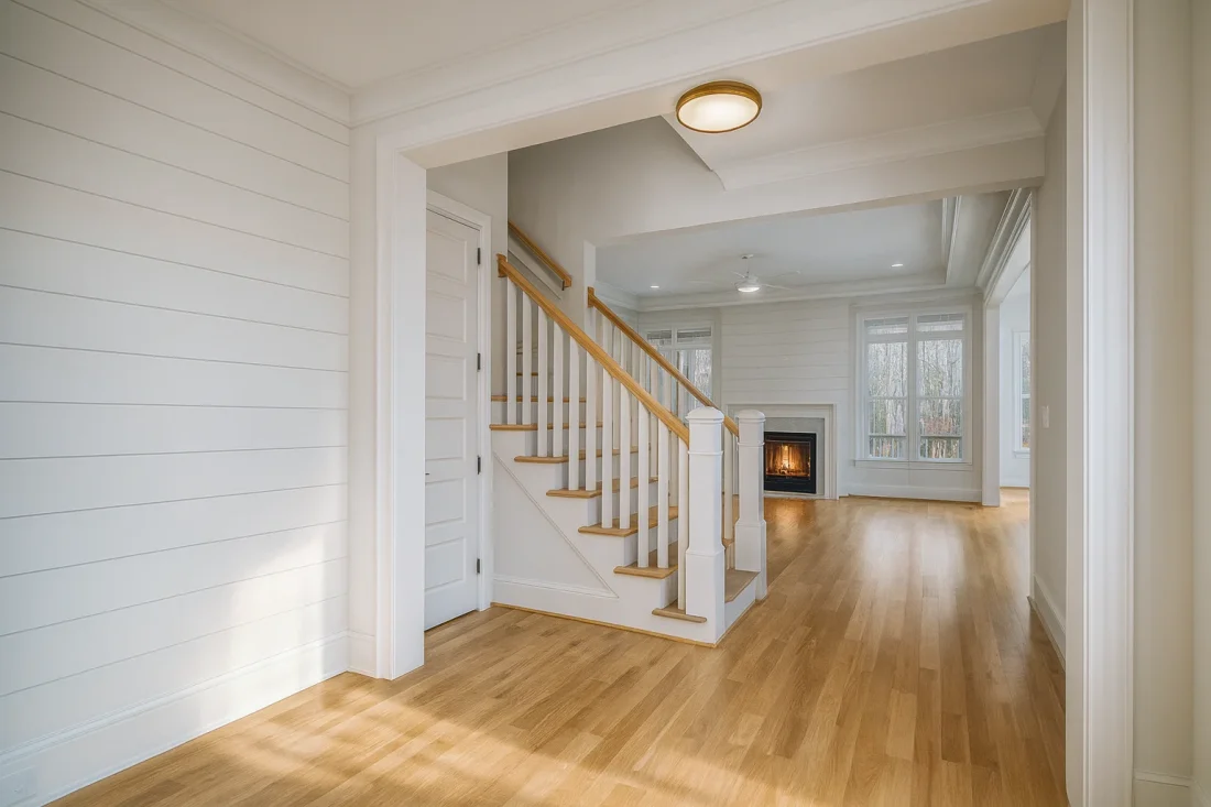 Modern Farmhouse home with white brick exterior, gable roof, and transitional architectural design