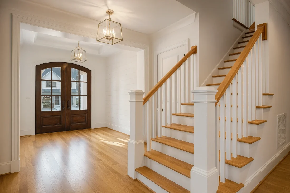 Modern Farmhouse home with white brick exterior, gable roof, and transitional architectural design