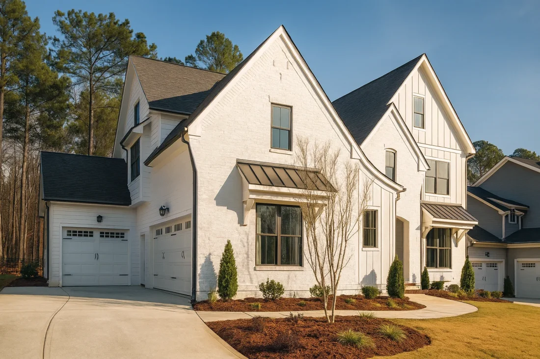 Modern Farmhouse home with white brick exterior, gable roof, and transitional architectural design