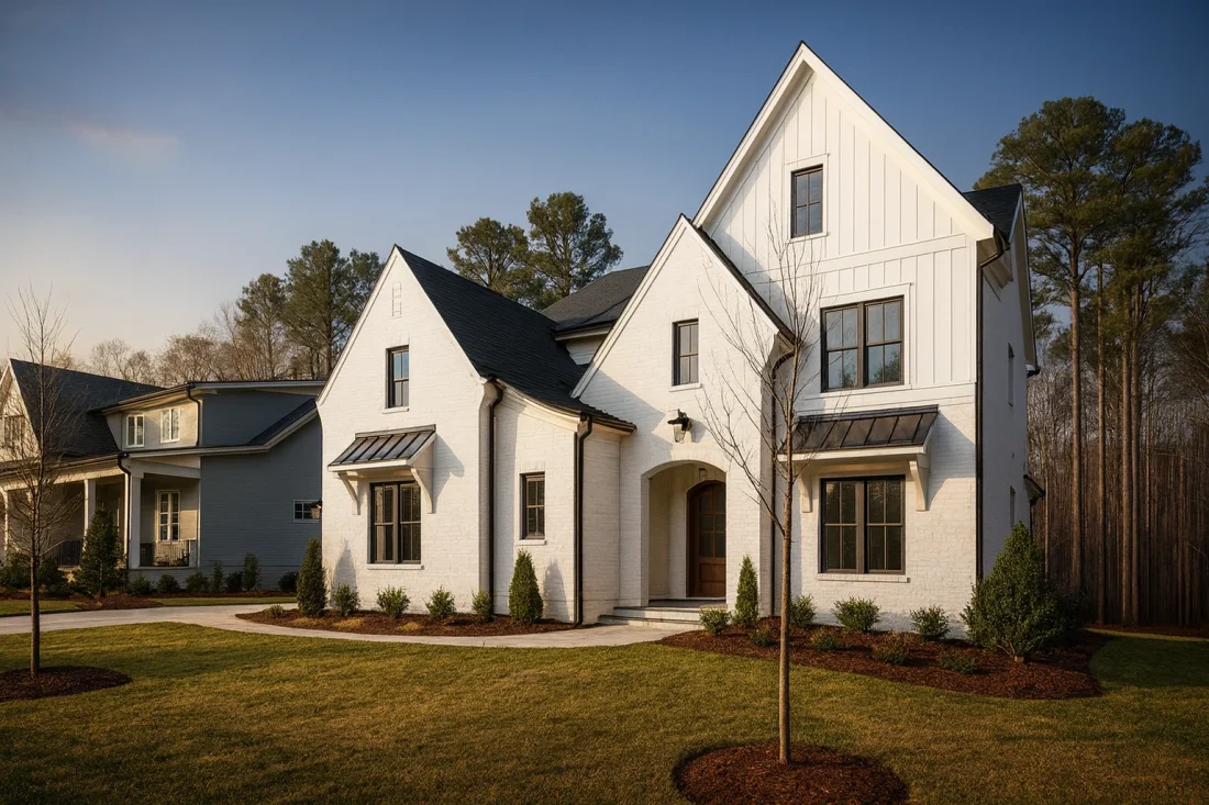 Modern Farmhouse home with white brick exterior, gable roof, and transitional architectural design