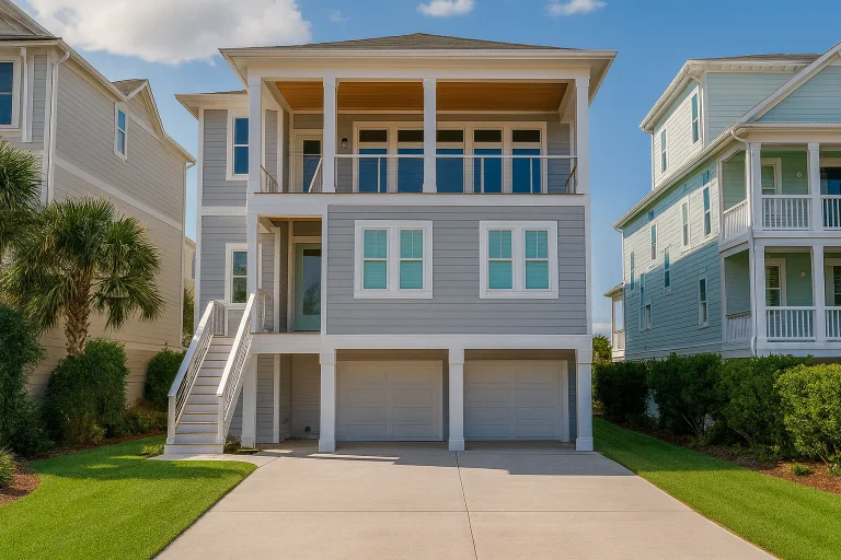 Foyer House Plans 8 Front exterior of an elevated Coastal Beach style home with horizontal siding, covered balconies, and ground-level garage parking
