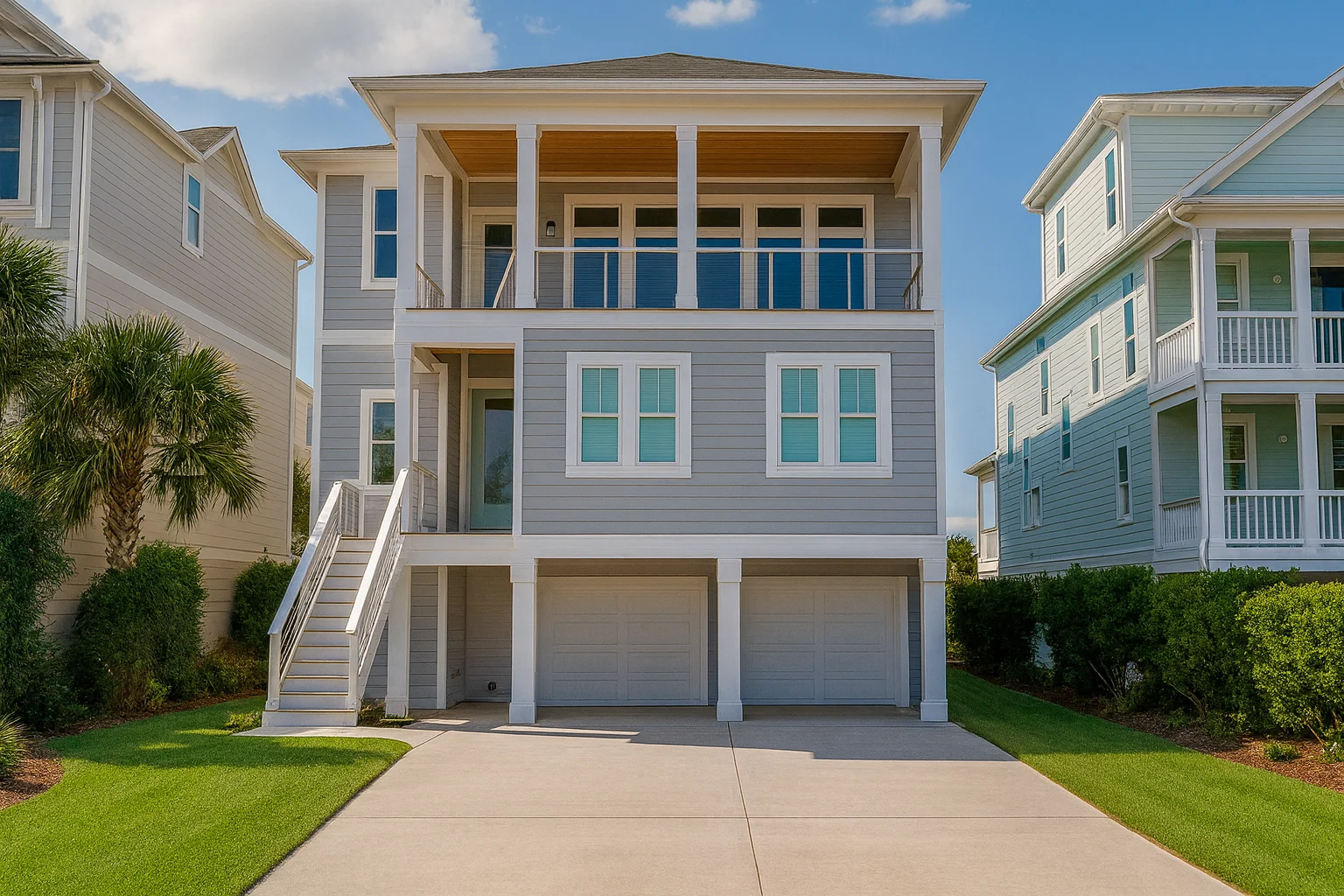 Front exterior of an elevated Coastal Beach style home with horizontal siding, covered balconies, and ground-level garage parking