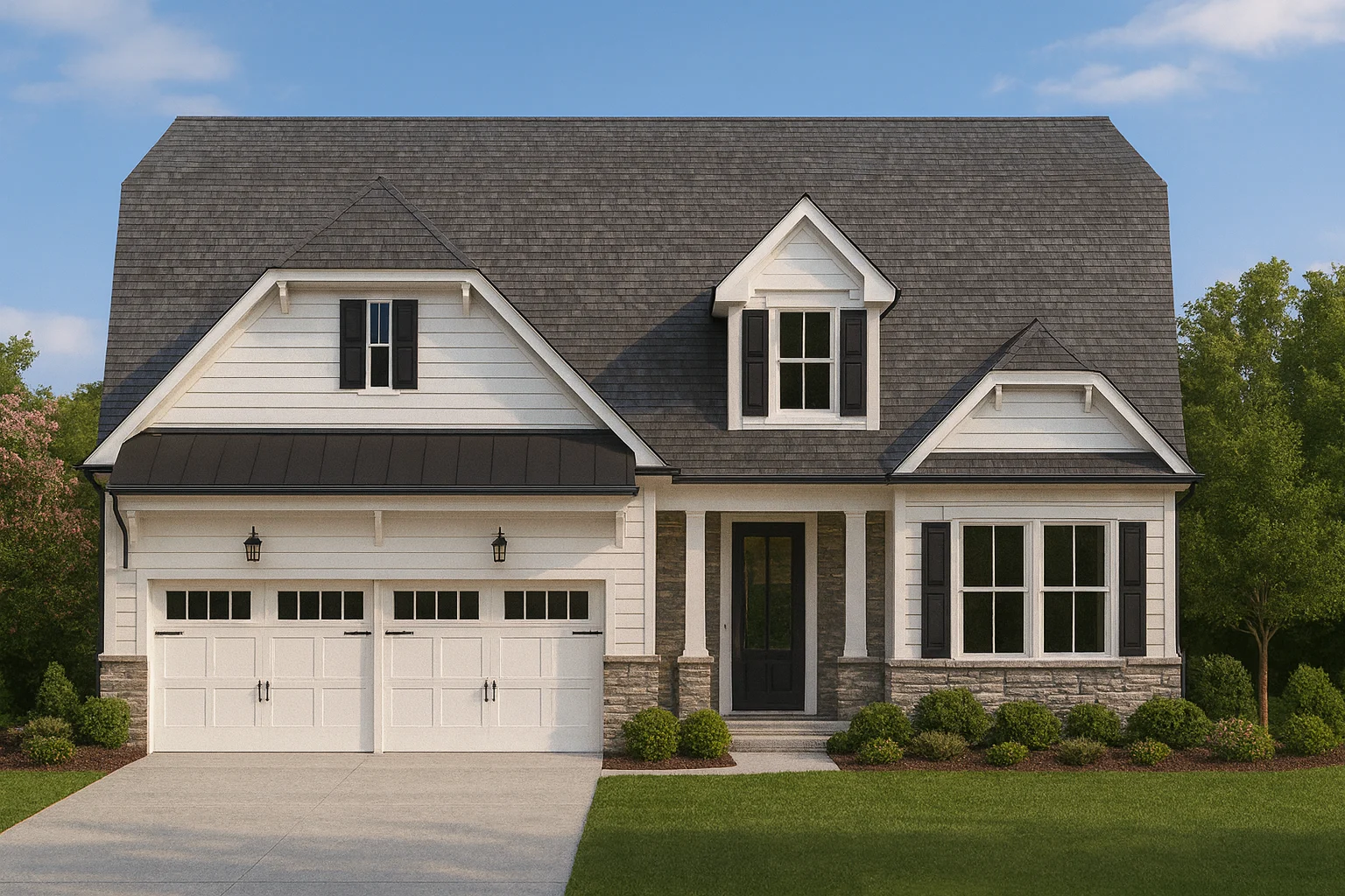 House Plans with Covered Driveway 9 Front elevation of a New American farmhouse-style home with lap siding, stone accents, black shutters, and a welcoming covered entry