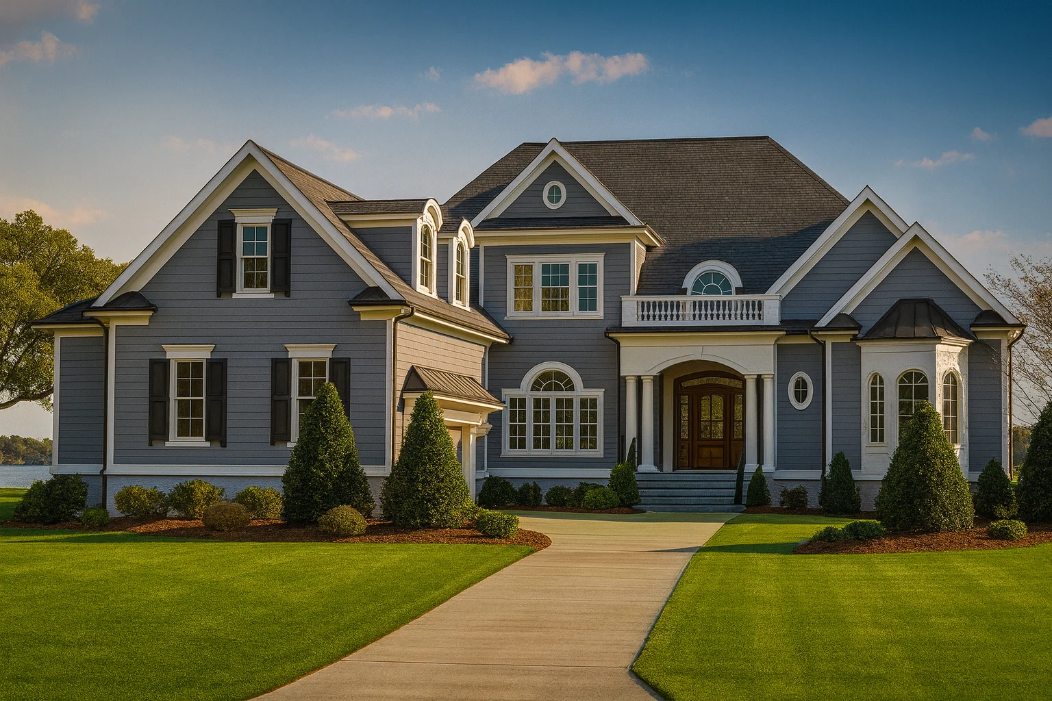 Front elevation of a New American Colonial Revival style home with symmetrical design, painted lap siding, shingle accents, and a grand covered entry
