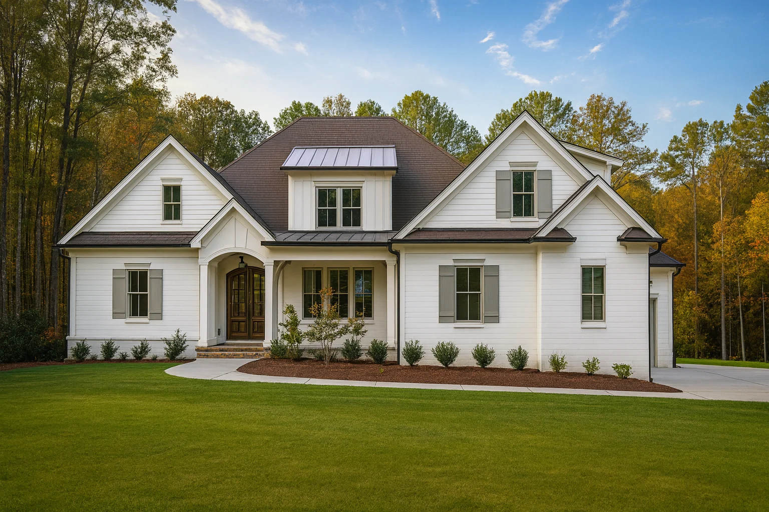 Front elevation of a New American Modern Farmhouse style home with white board and batten siding, symmetrical façade, and classic gabled rooflines