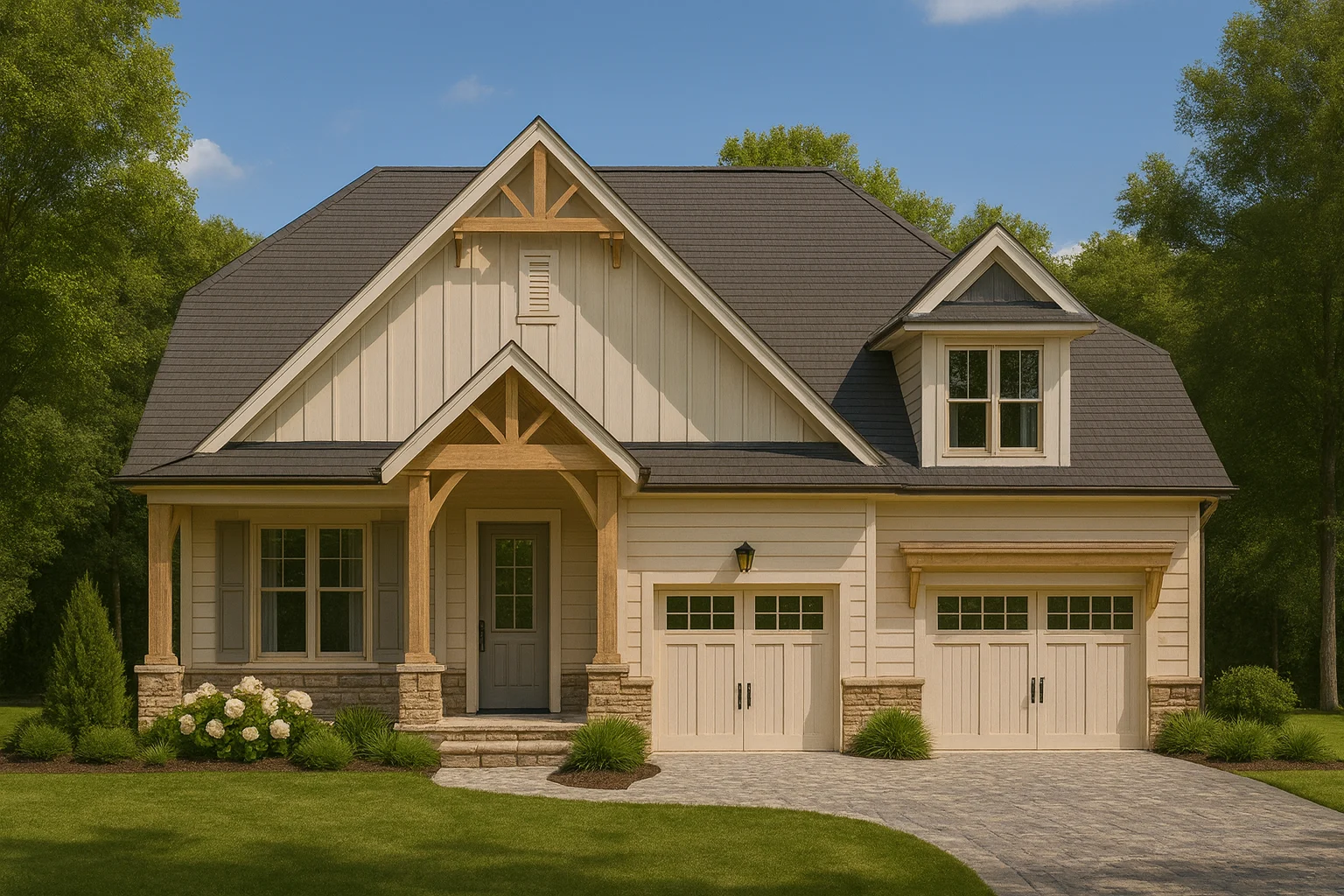 House Plans with Covered Driveway 5 Front elevation of a Craftsman farmhouse style home featuring board and batten siding, stone accents, gabled rooflines, and a covered porch