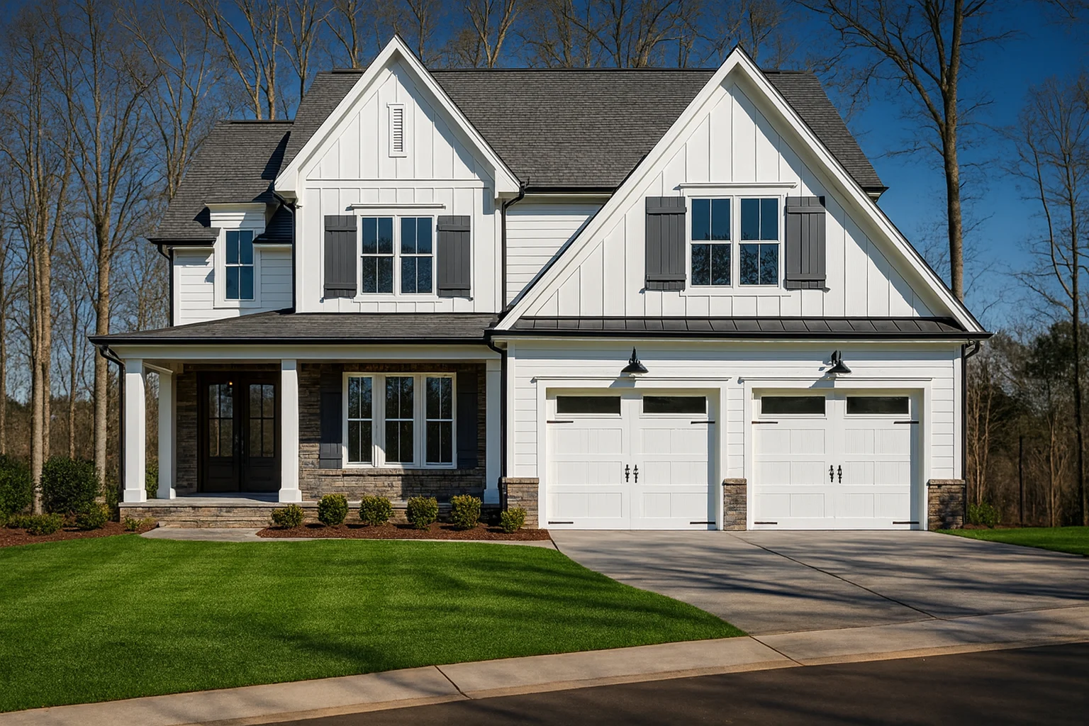 Front elevation of a Modern Farmhouse style home featuring white board and batten siding, black shutters, gabled rooflines, and a welcoming covered front porch