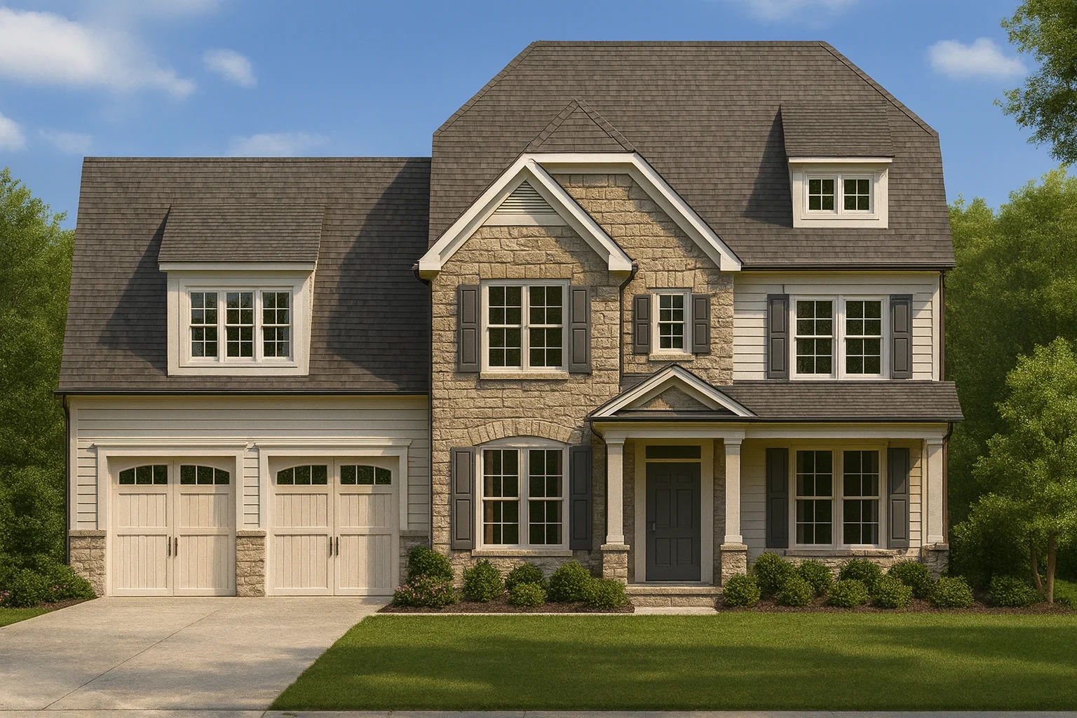 Front elevation of a New American modern traditional house featuring stone accents, horizontal siding, steep gable rooflines, and a covered entry porch