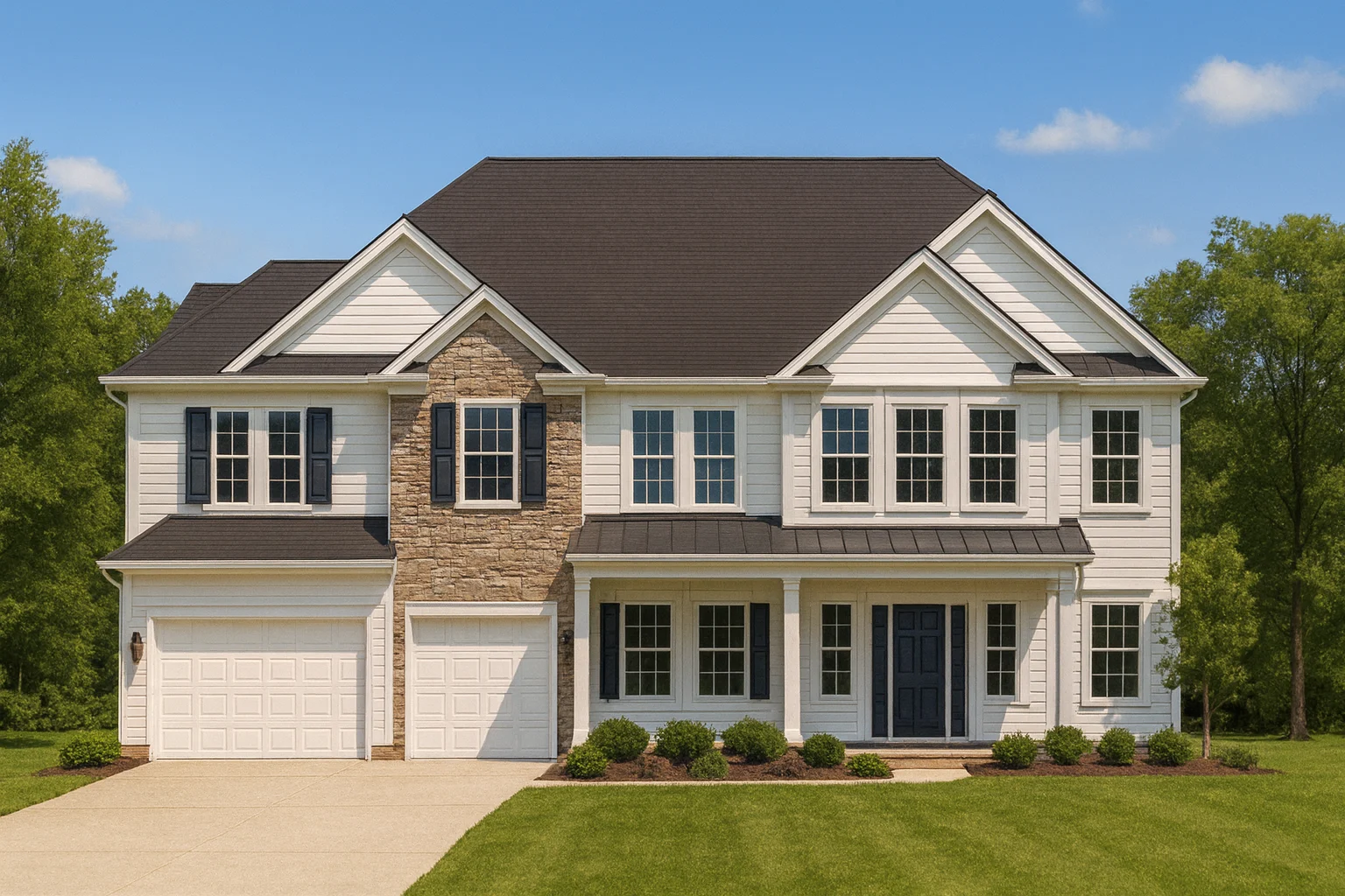 New American House Plans 15 Front elevation of a New American style two-story house with white lap siding, stone accents, black shutters, and a symmetrical traditional facade