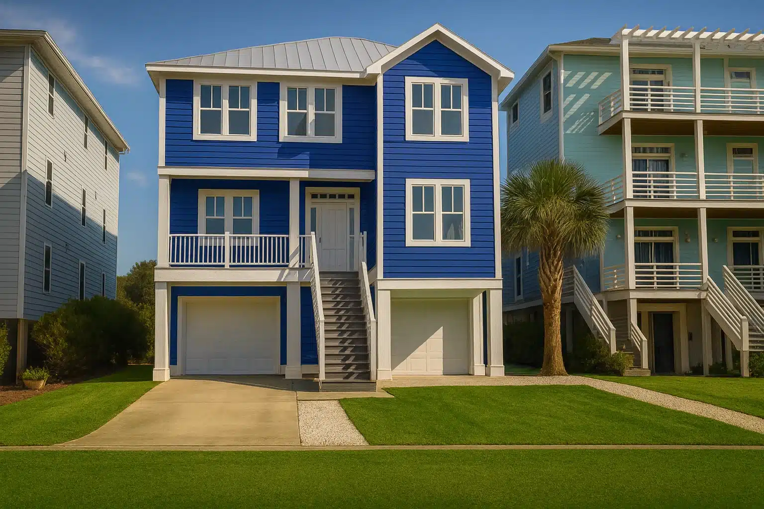Front elevation of an elevated coastal beach house with horizontal lap siding, standing seam metal roof, exterior stair entry, and garage below