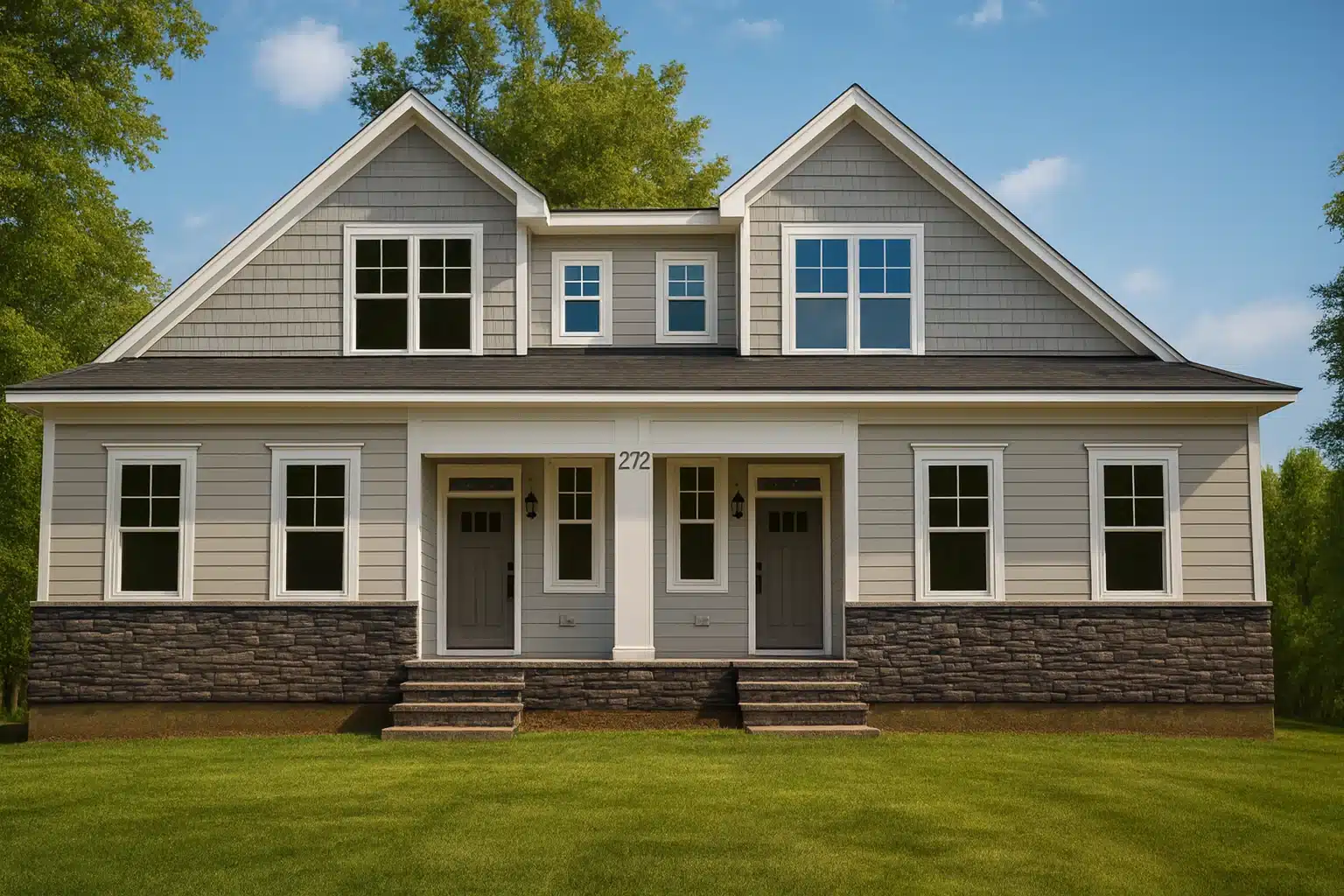Front elevation of a Traditional Colonial Cape Cod style home with horizontal siding, stone base, and centered covered porch
