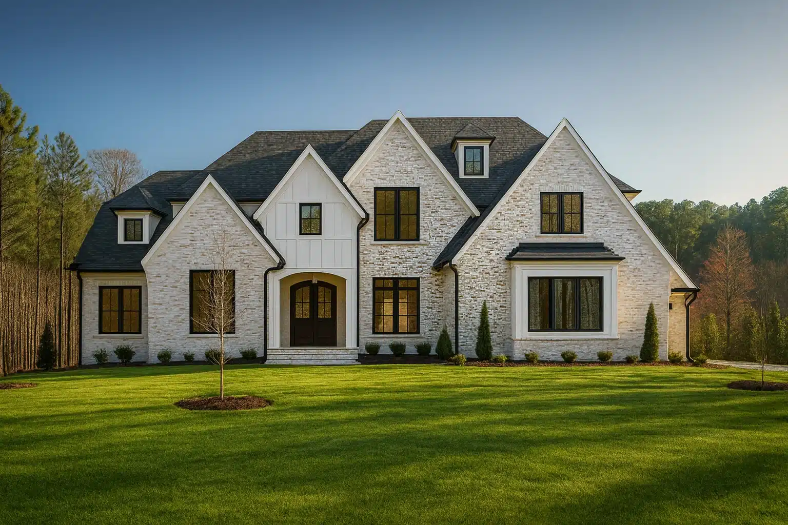 Front exterior of a New American Modern Traditional home featuring painted brick, stone accents, steep gables, and symmetrical architecture
