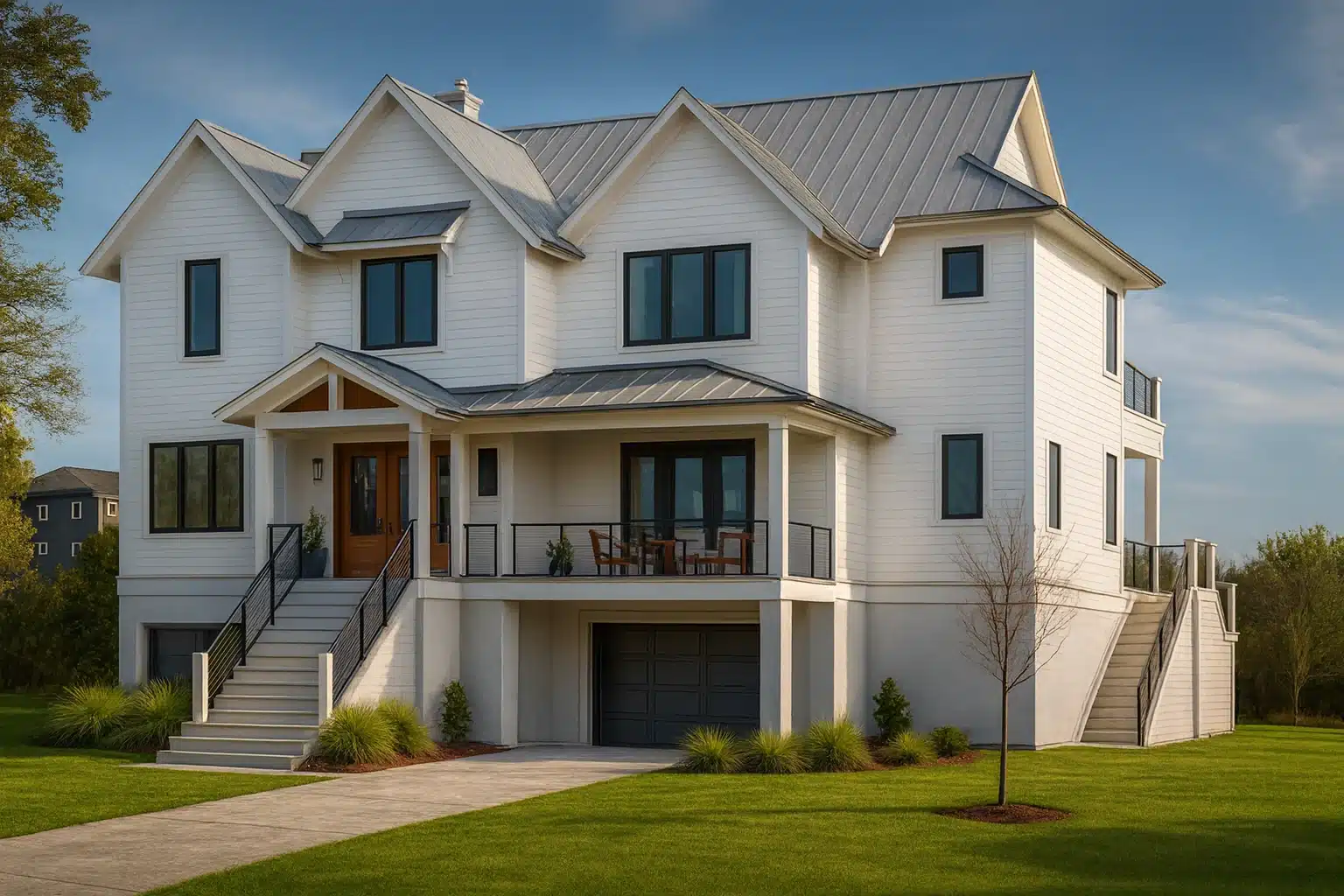 Front exterior view of an elevated Coastal Traditional Low Country style home with white board and batten siding, metal roof, raised foundation, and covered porch